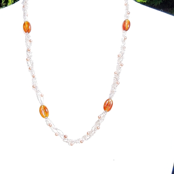 Seed bead braided necklace with faux pearl and amber colored acrylic beads - Picture 2 of 5